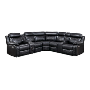 Vela Faux Leather Match 3-Piece Power Reclining Sectional with Two Consoles, Speakers, Subwoofer, LED Lighting and Charging Port
