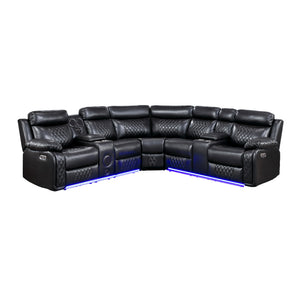 Vela Faux Leather Match 3-Piece Power Reclining Sectional with Two Consoles, Speakers, Subwoofer, LED Lighting and Charging Port