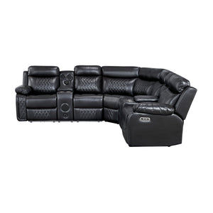 Vela Faux Leather Match 3-Piece Power Reclining Sectional with Two Consoles, Speakers, Subwoofer, LED Lighting and Charging Port