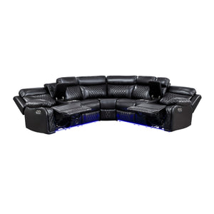 Vela Faux Leather Match 3-Piece Power Reclining Sectional with Two Consoles, Speakers, Subwoofer, LED Lighting and Charging Port