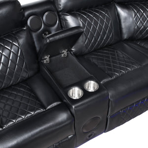 Vela Faux Leather Match 3-Piece Power Reclining Sectional with Two Consoles, Speakers, Subwoofer, LED Lighting and Charging Port