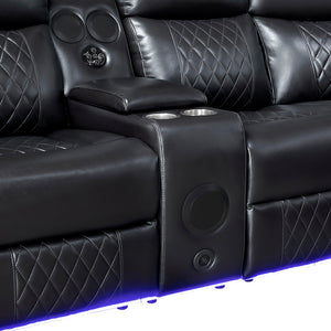 Vela Faux Leather Match 3-Piece Power Reclining Sectional with Two Consoles, Speakers, Subwoofer, LED Lighting and Charging Port