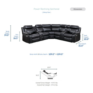 Vela Faux Leather Match 3-Piece Power Reclining Sectional with Two Consoles, Speakers, Subwoofer, LED Lighting and Charging Port