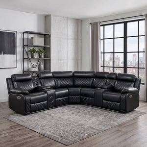 Vela Faux Leather Match 3-Piece Power Reclining Sectional with Two Consoles, Speakers, Subwoofer, LED Lighting and Charging Port