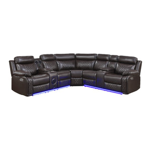 Vela Faux Leather Match 3-Piece Power Reclining Sectional with Two Consoles, Speakers, Subwoofer, LED Lighting and Charging Port
