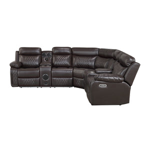 Vela Faux Leather Match 3-Piece Power Reclining Sectional with Two Consoles, Speakers, Subwoofer, LED Lighting and Charging Port