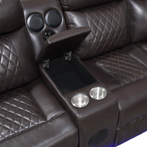 Vela Faux Leather Match 3-Piece Power Reclining Sectional with Two Consoles, Speakers, Subwoofer, LED Lighting and Charging Port