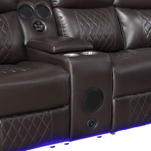 Vela Faux Leather Match 3-Piece Power Reclining Sectional with Two Consoles, Speakers, Subwoofer, LED Lighting and Charging Port