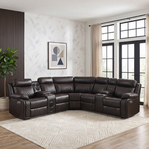 Vela Faux Leather Match 3-Piece Power Reclining Sectional with Two Consoles, Speakers, Subwoofer, LED Lighting and Charging Port