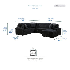 Oakmere Corduroy 3-Piece Sectional with Pull-out Bed, Right Side Chaise and Hidden Storage