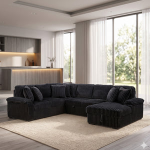 Oakmere Corduroy 3-Piece Sectional with Pull-out Bed, Right Side Chaise and Hidden Storage