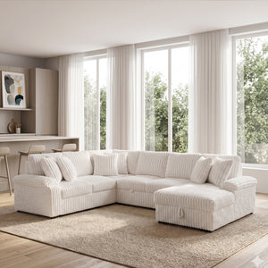 Oakmere Corduroy 3-Piece Sectional with Pull-out Bed, Right Side Chaise and Hidden Storage