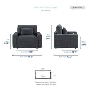 Neli Textured Fabric Convertible Sleeper Chair with Charging Ports