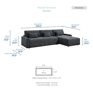 Neli Textured Fabric 2-Piece Sectional with Convertible Queen Sleeper and Right Side Chaise