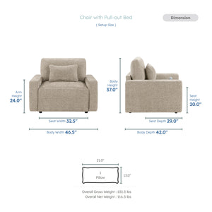 Neli Textured Fabric Convertible Sleeper Chair with Charging Ports