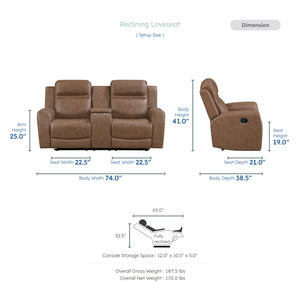 Elara Polished Microfiber Manual Double Reclining Loveseat with Center Console