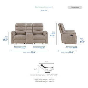 Vero Polished Microfiber Manual Double Reclining Love seat with Center Console