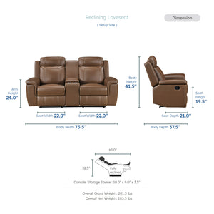 Zaria Leather Match Manual Double Reclining Love Seat with Center Console