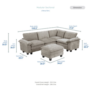 Terra Chenille Fabric 5-Piece Modular Sectional with Ottoman