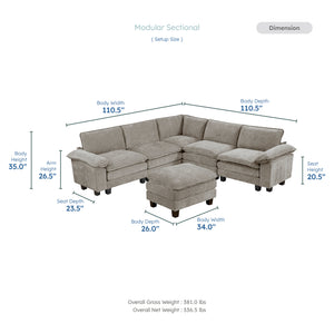 Terra Chenille Fabric 6-Piece Modular Sectional with Ottoman