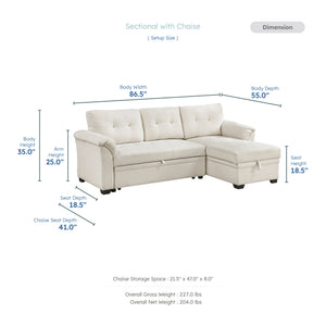 Holden Textured Fabric 2-Piece Reversible Sectional with Pull-out Bed, Reversible Chaise and Hidden Storage