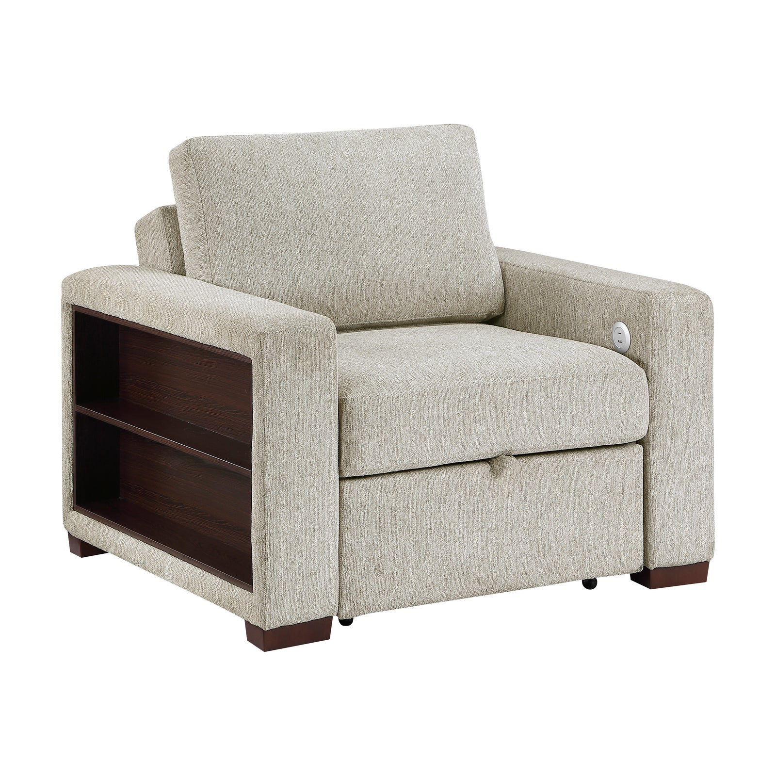 Vasselle Microfiber Convertible Chair with Pull-out Bed, Click Motion Back, Two Arms with Shelves and Charging Ports