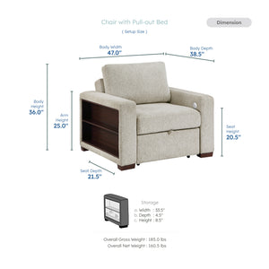 Vasselle Microfiber Convertible Chair with Pull-out Bed, Click Motion Back, Two Arms with Shelves and Charging Ports