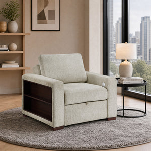 Vasselle Microfiber Convertible Chair with Pull-out Bed, Click Motion Back, Two Arms with Shelves and Charging Ports