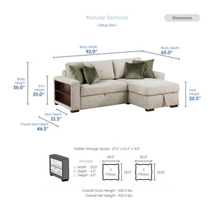 Vasselle Microfiber 2-Piece Sectional with Reversible Chaise, Pull-out Bed and Hidden Storage, Click Motion Back