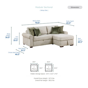 Vasselle Microfiber 2-Piece Sectional with Reversible Chaise, Pull-out Bed and Hidden Storage, Click Motion Back