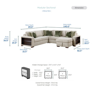 Vasselle Microfiber 4-Piece Sectional with Reversible Chaise, Pull-out Bed, Hidden Storage and Click Motion Back