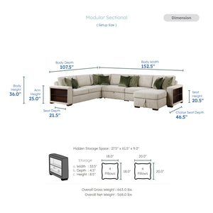Vasselle Microfiber 5-Piece Sectional with Reversible Chaise, Pull-out Bed, Hidden Storage and Click Motion Back