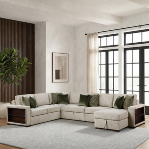 Vasselle Microfiber 5-Piece Sectional with Reversible Chaise, Pull-out Bed, Hidden Storage and Click Motion Back