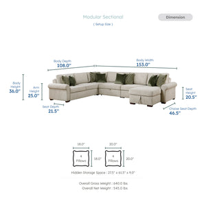 Vasselle Microfiber 5-Piece Sectional with Reversible Chaise, Pull-out Bed, Hidden Storage and Click Motion Back