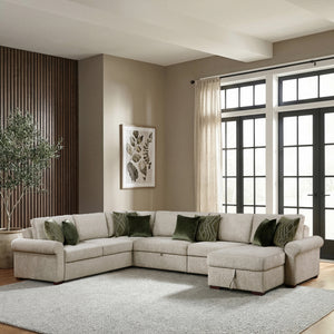 Vasselle Microfiber 5-Piece Sectional with Reversible Chaise, Pull-out Bed, Hidden Storage and Click Motion Back