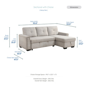 Darla  2-Piece Textured Fabric Sectional with Reversible Chaise and Pull-out Bed