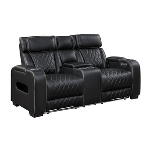 Luminate Faux Leather Power Double Reclining Love Seat with Center Console, Power Headrests and Storage Arms