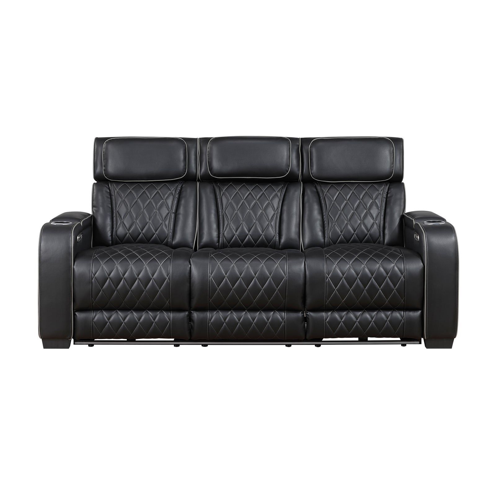 Luminate Faux Leather Power Double Reclining Sofa with Center Drop-Down Cup Holders, Power Headrest and Storage Arms