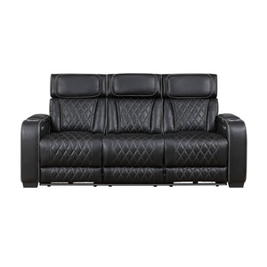 Luminate Faux Leather Power Double Reclining Sofa with Center Drop-Down Cup Holders, Power Headrest and Storage Arms