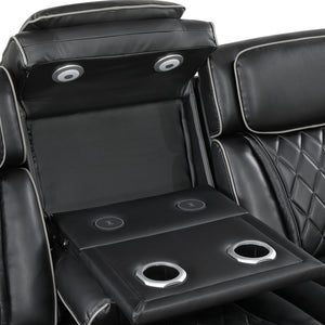 Luminate Faux Leather Power Double Reclining Sofa with Center Drop-Down Cup Holders, Power Headrest and Storage Arms