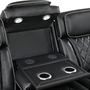 Luminate Faux Leather Power Double Reclining Sofa with Center Drop-Down Cup Holders, Power Headrest and Storage Arms