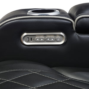 Luminate Faux Leather Power Double Reclining Sofa with Center Drop-Down Cup Holders, Power Headrest and Storage Arms