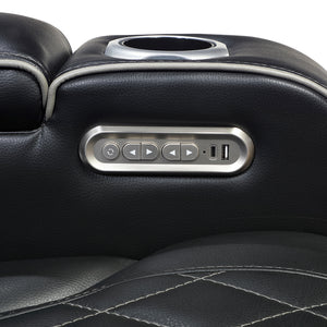 Luminate Faux Leather Power Double Reclining Sofa with Center Drop-Down Cup Holders, Power Headrest and Storage Arms
