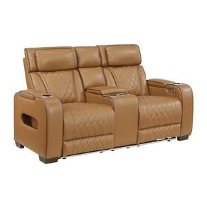 Luminate Faux Leather Power Double Reclining Love Seat with Center Console, Power Headrests and Storage Arms