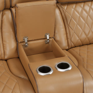 Luminate Faux Leather Power Double Reclining Love Seat with Center Console, Power Headrests and Storage Arms
