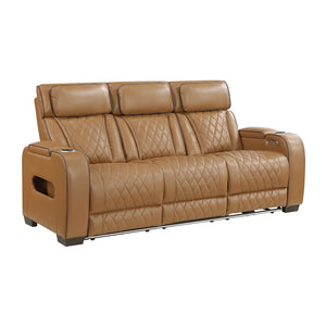 Luminate Faux Leather Power Double Reclining Sofa with Center Drop-Down Cup Holders, Power Headrest and Storage Arms