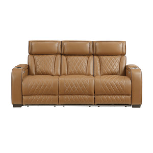 Luminate Faux Leather Power Double Reclining Sofa with Center Drop-Down Cup Holders, Power Headrest and Storage Arms
