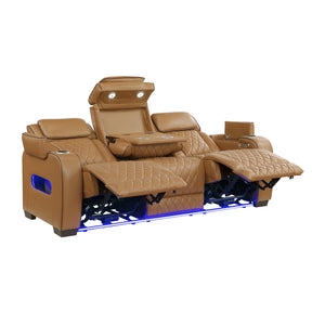 Luminate Faux Leather Power Double Reclining Sofa with Center Drop-Down Cup Holders, Power Headrest and Storage Arms