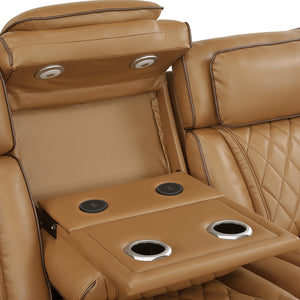 Luminate Faux Leather Power Double Reclining Sofa with Center Drop-Down Cup Holders, Power Headrest and Storage Arms