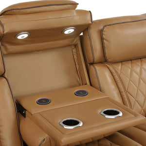 Luminate Faux Leather Power Double Reclining Sofa with Center Drop-Down Cup Holders, Power Headrest and Storage Arms